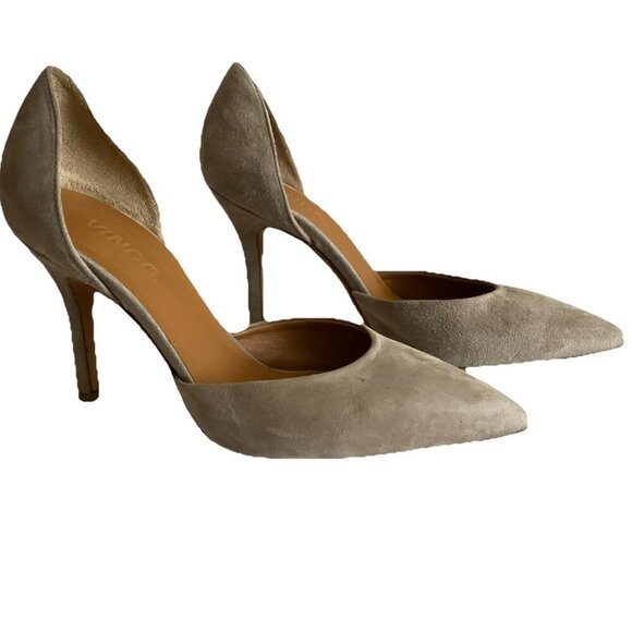 Vince Suede Dorsay Heels Womens Sz 6 M Taupe Biege Italian Office Pointed Toe - Picture 1 of 16